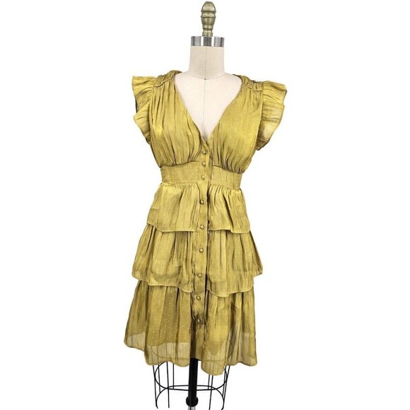 New Ciebon Persia Metallic Stripe Ruffle Dress Womens S Yellow Mini Tiered - Picture 2 of 9